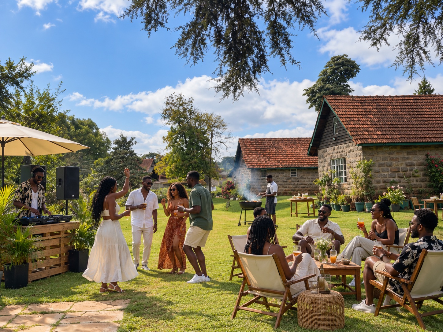 A live DJ soundtracking a sunlit garden party while friends dance and relax
