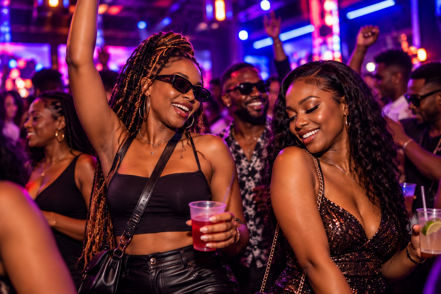 Friends dancing and tipping a DJ on a night out